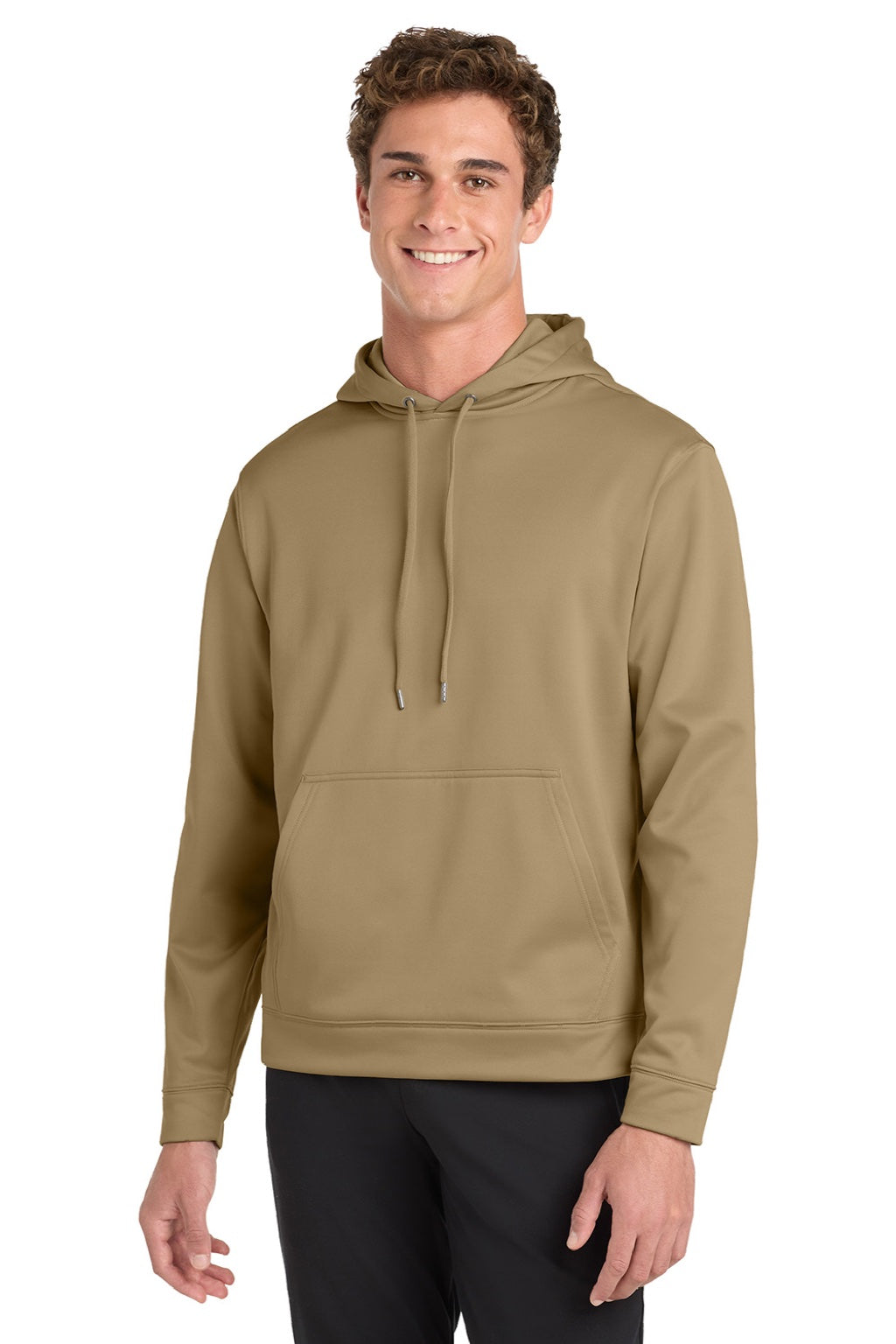 Sport-Tek F244 Mens Sport-Wick Moisture Wicking Fleece Hooded Sweatshirt Hoodie w/ Pouch Pocket Coyote Brown Model Front
