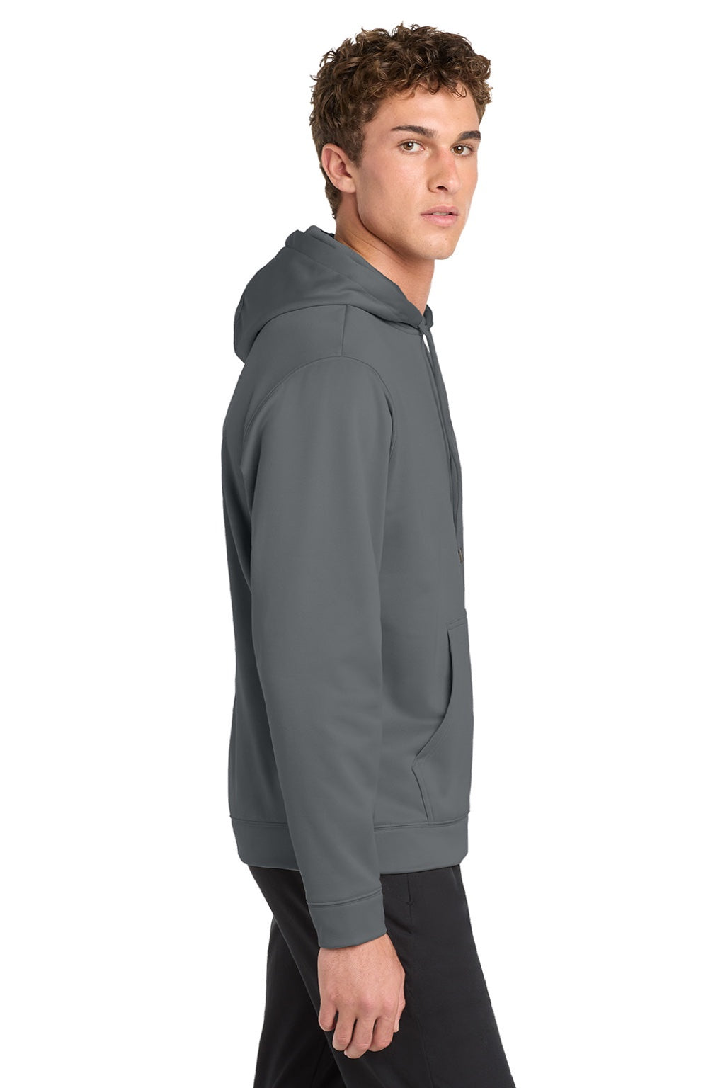 Sport-Tek F244 Mens Sport-Wick Moisture Wicking Fleece Hooded Sweatshirt Hoodie w/ Pouch Pocket Dark Smoke Grey Model Side