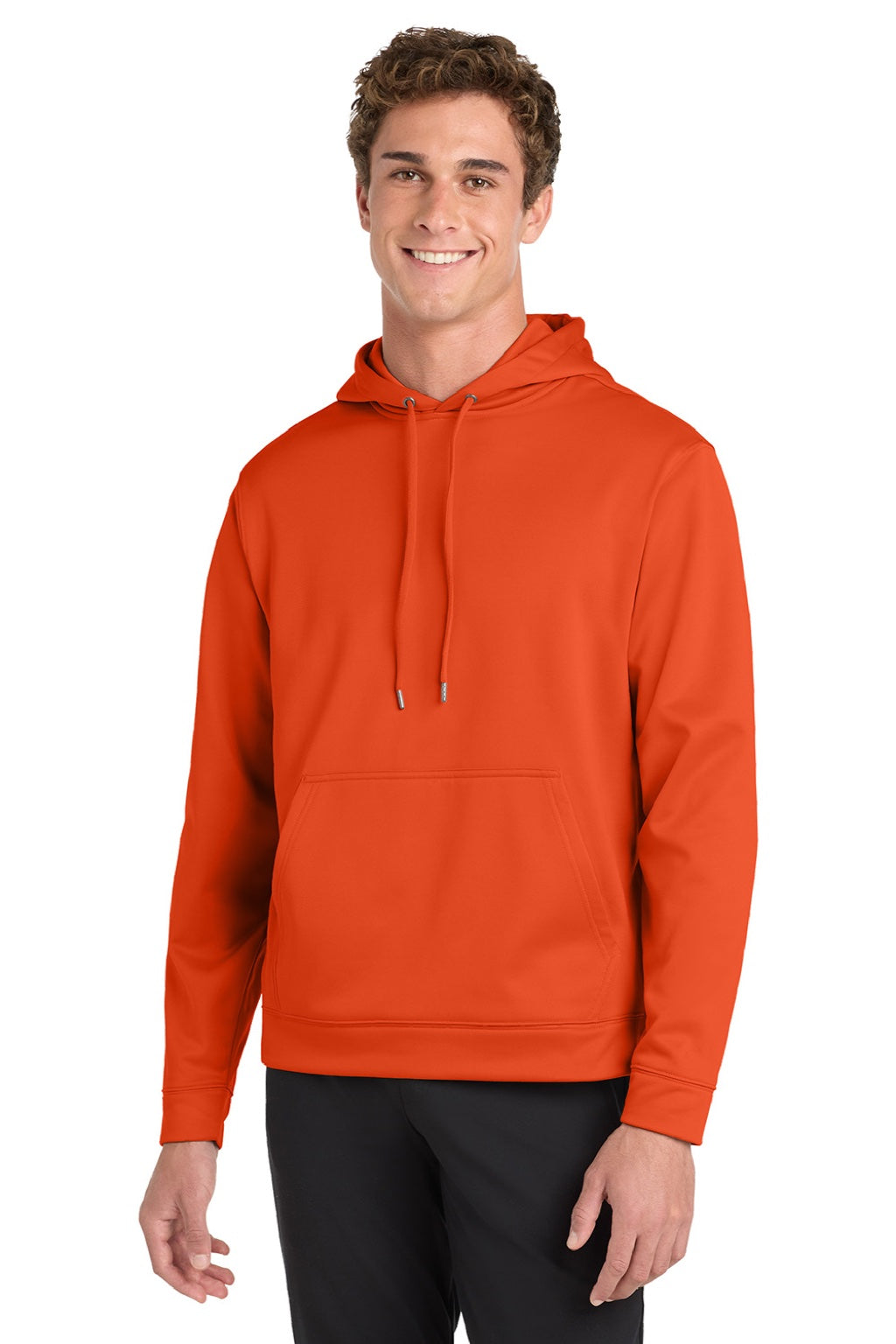 Sport-Tek F244 Mens Sport-Wick Moisture Wicking Fleece Hooded Sweatshirt Hoodie w/ Pouch Pocket Deep Orange Model Front