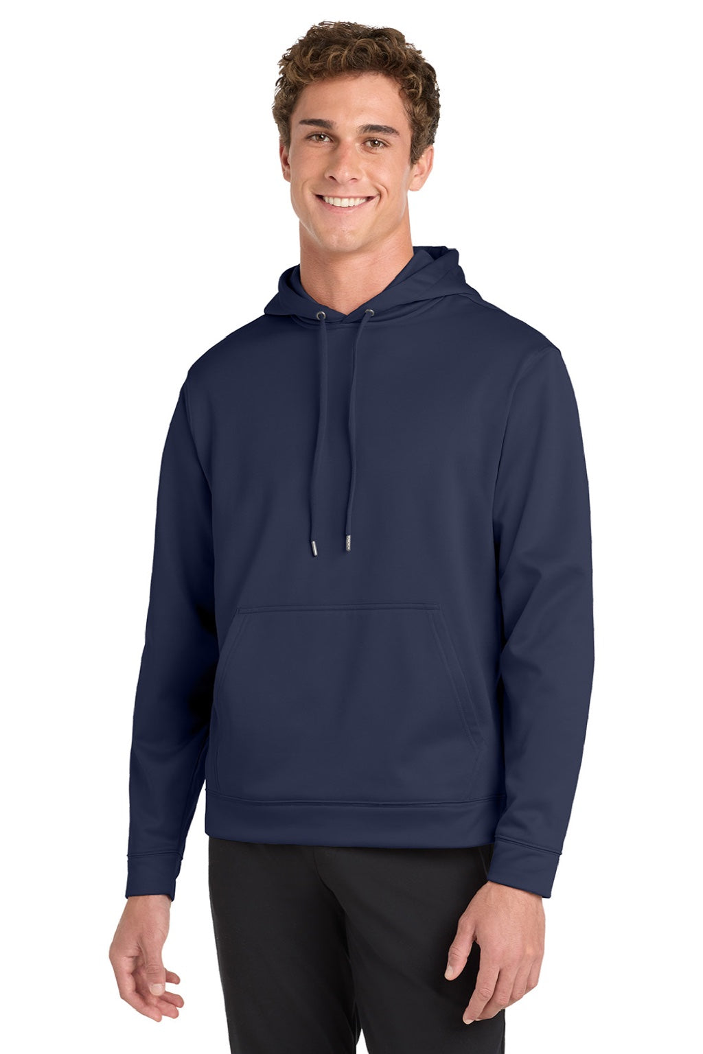 Sport-Tek F244 Mens Sport-Wick Moisture Wicking Fleece Hooded Sweatshirt Hoodie w/ Pouch Pocket Navy Blue Model Front
