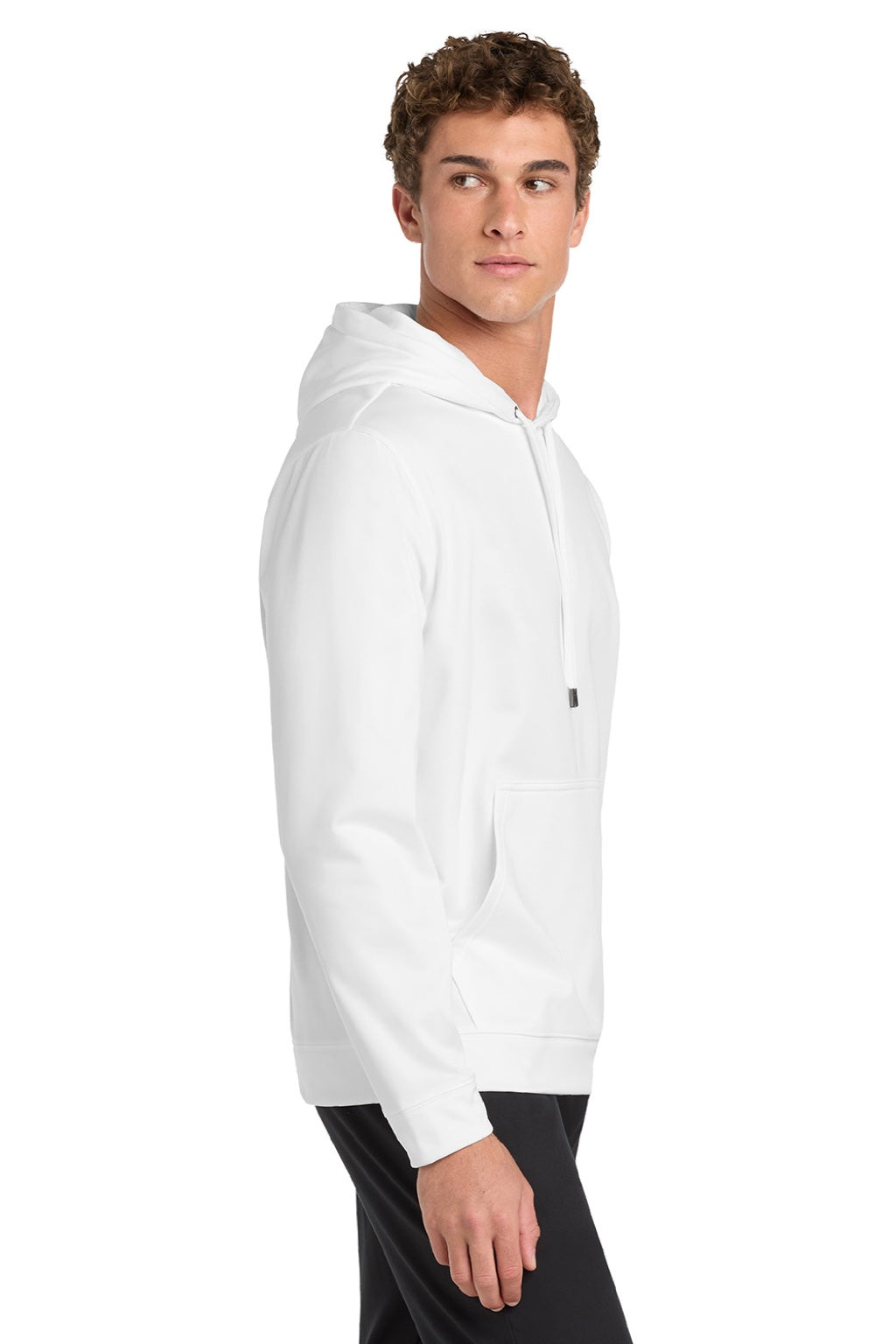 Sport-Tek F244 Mens Sport-Wick Moisture Wicking Fleece Hooded Sweatshirt Hoodie w/ Pouch Pocket White Model Side