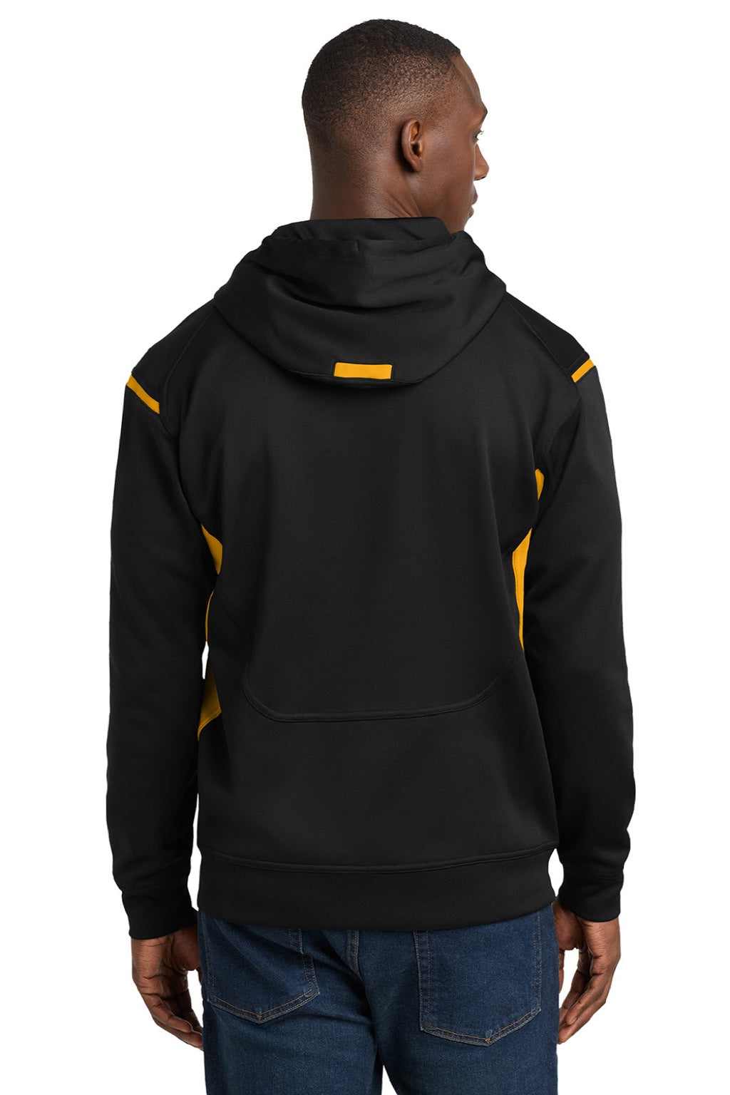 Sport-Tek F246 Mens Tech Moisture Wicking Fleece Hooded Sweatshirt Hoodie w/ Pouch Pocket Black/Gold Model Back