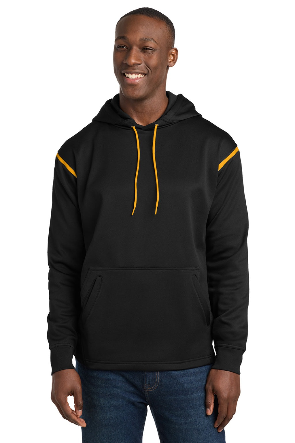 Sport-Tek F246 Mens Tech Moisture Wicking Fleece Hooded Sweatshirt Hoodie w/ Pouch Pocket Black/Gold Model Front