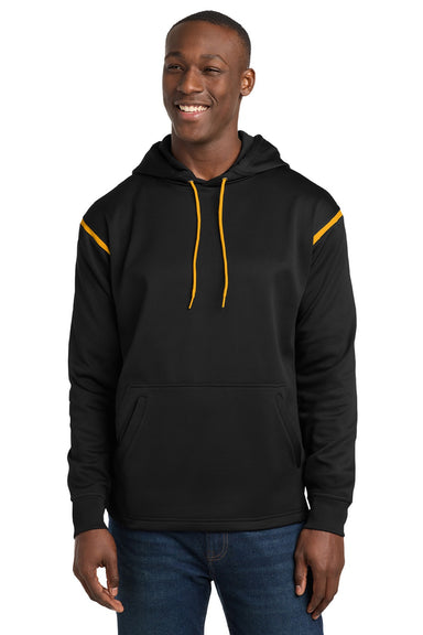 Sport-Tek F246 Mens Tech Moisture Wicking Fleece Hooded Sweatshirt Hoodie w/ Pouch Pocket Black/Gold Model Front