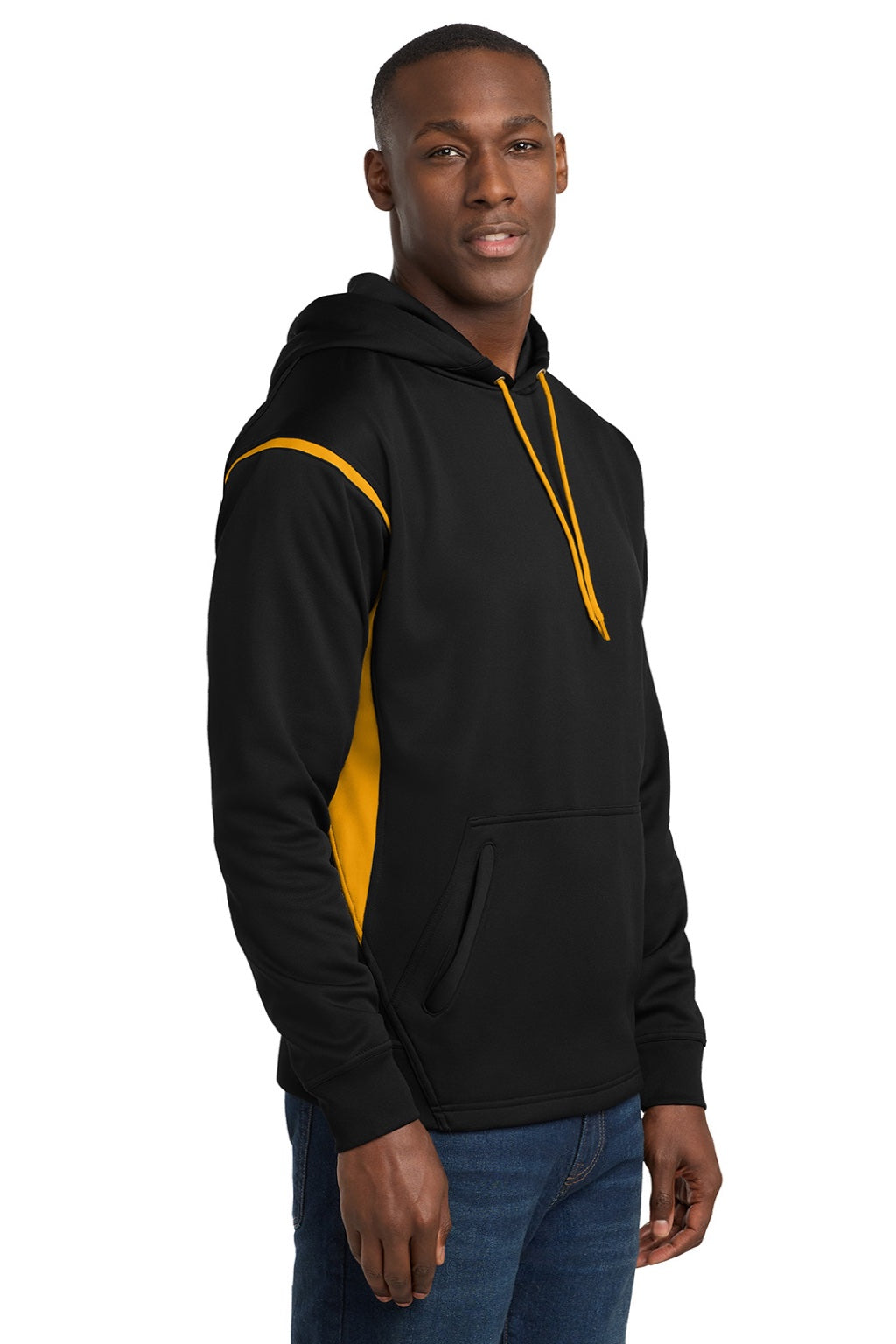 Sport-Tek F246 Mens Tech Moisture Wicking Fleece Hooded Sweatshirt Hoodie w/ Pouch Pocket Black/Gold Model Side