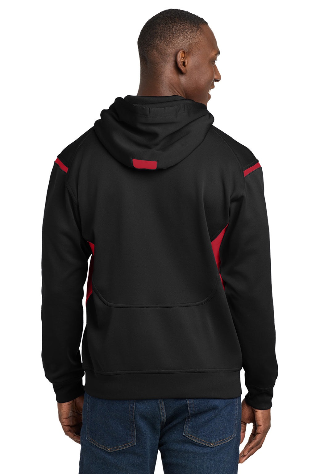 Sport-Tek F246 Mens Tech Moisture Wicking Fleece Hooded Sweatshirt Hoodie w/ Pouch Pocket Black/True Red Model Back
