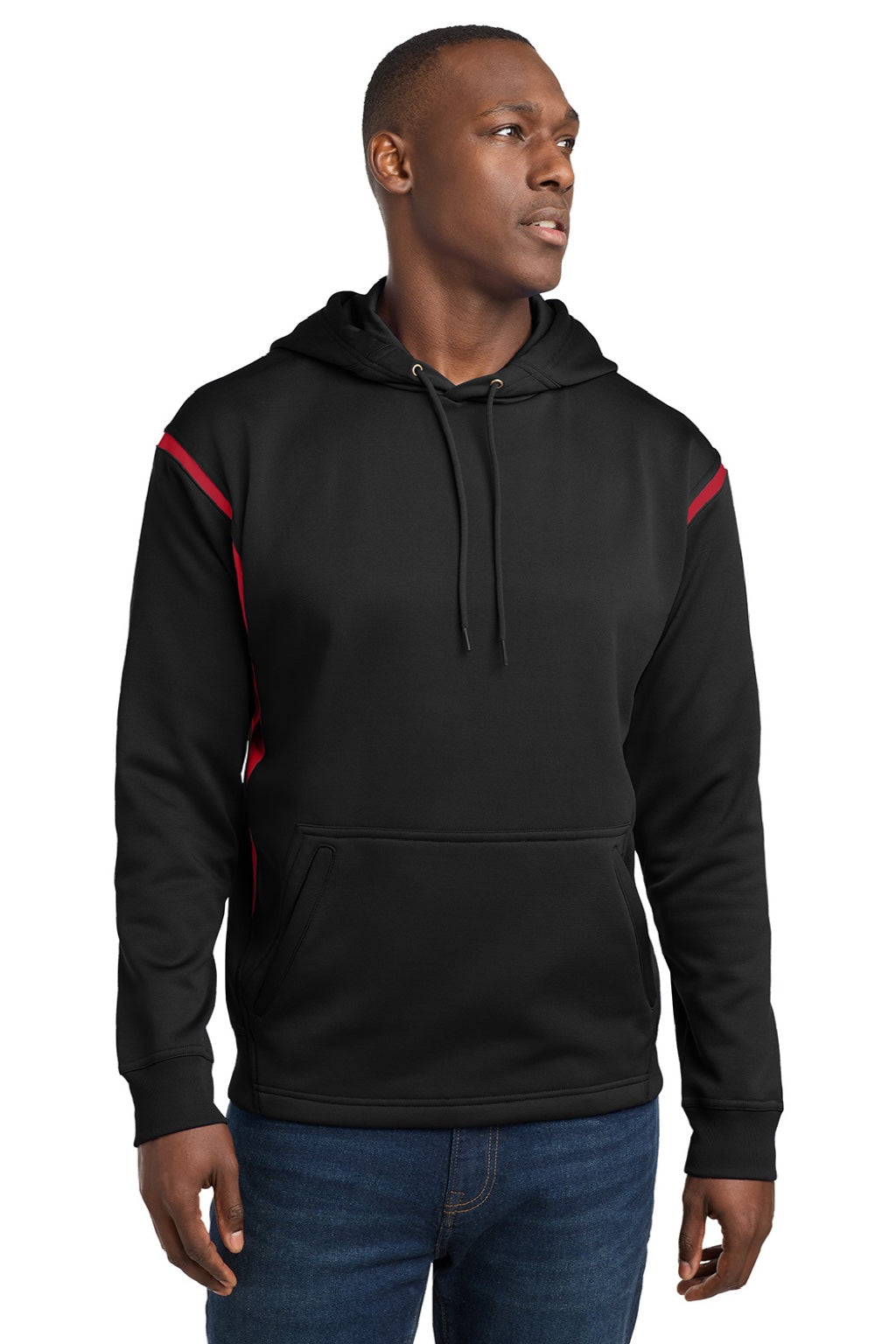 Sport-Tek F246 Mens Tech Moisture Wicking Fleece Hooded Sweatshirt Hoodie w/ Pouch Pocket Black/True Red Model Front