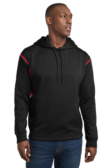 Sport-Tek F246 Mens Tech Moisture Wicking Fleece Hooded Sweatshirt Hoodie w/ Pouch Pocket Black/True Red Model Front