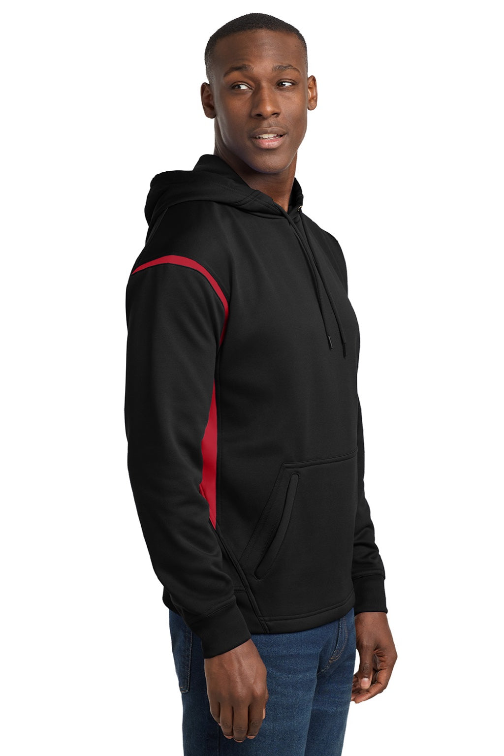 Sport-Tek F246 Mens Tech Moisture Wicking Fleece Hooded Sweatshirt Hoodie w/ Pouch Pocket Black/True Red Model Side