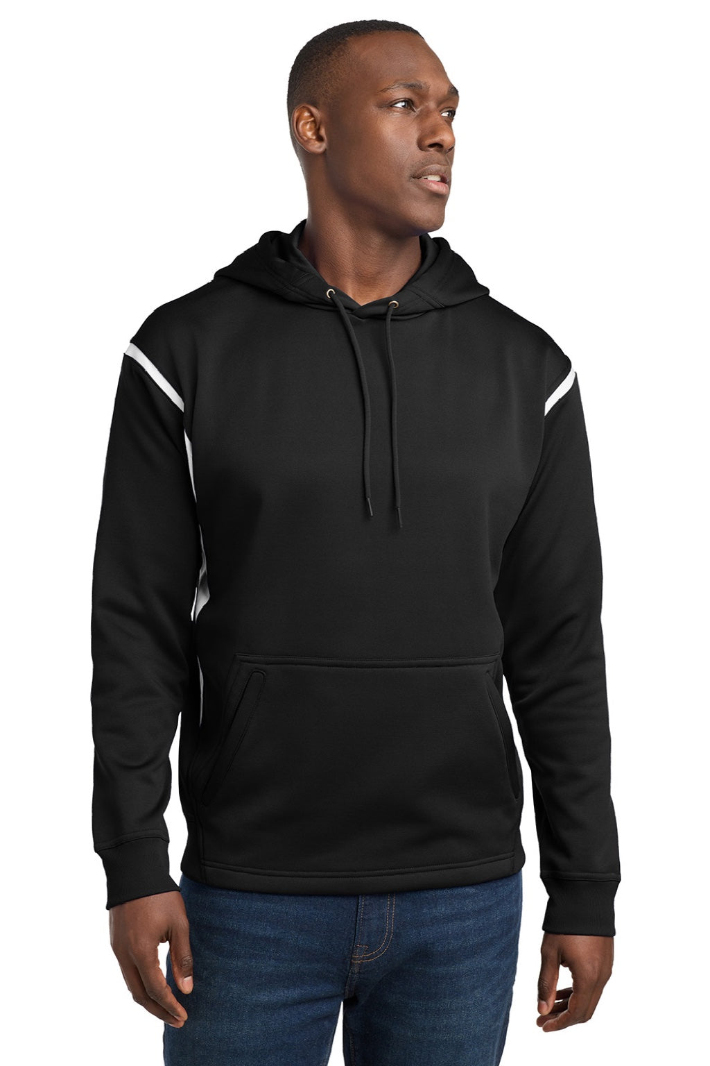 Sport-Tek F246 Mens Tech Moisture Wicking Fleece Hooded Sweatshirt Hoodie w/ Pouch Pocket Black/White Model Front