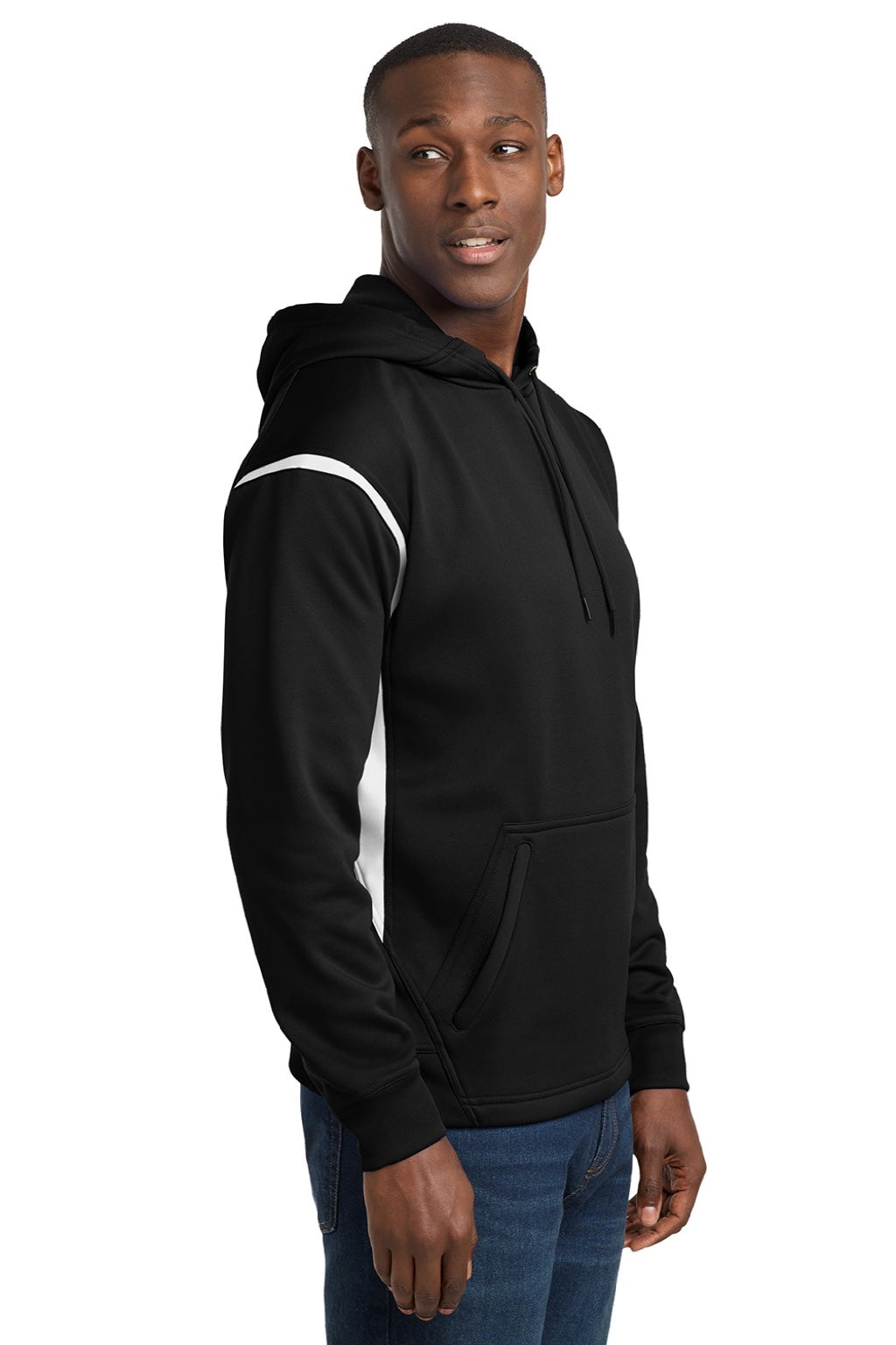 Sport-Tek F246 Mens Tech Moisture Wicking Fleece Hooded Sweatshirt Hoodie w/ Pouch Pocket Black/White Model Side