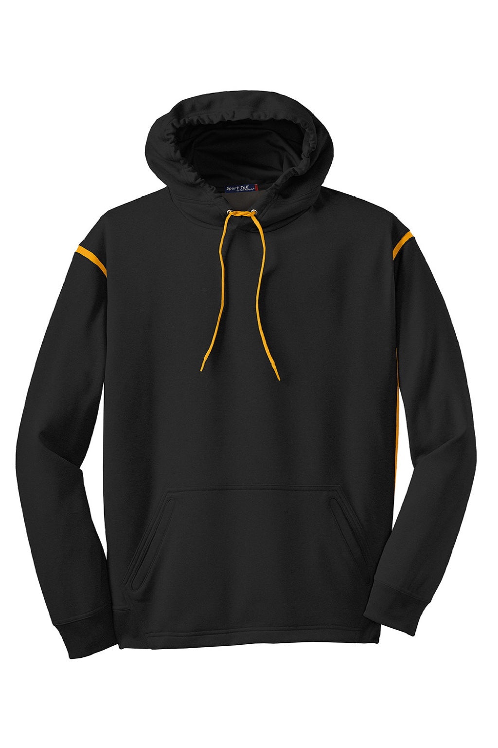 Sport-Tek F246 Mens Tech Moisture Wicking Fleece Hooded Sweatshirt Hoodie w/ Pouch Pocket Black/Gold Flat Front