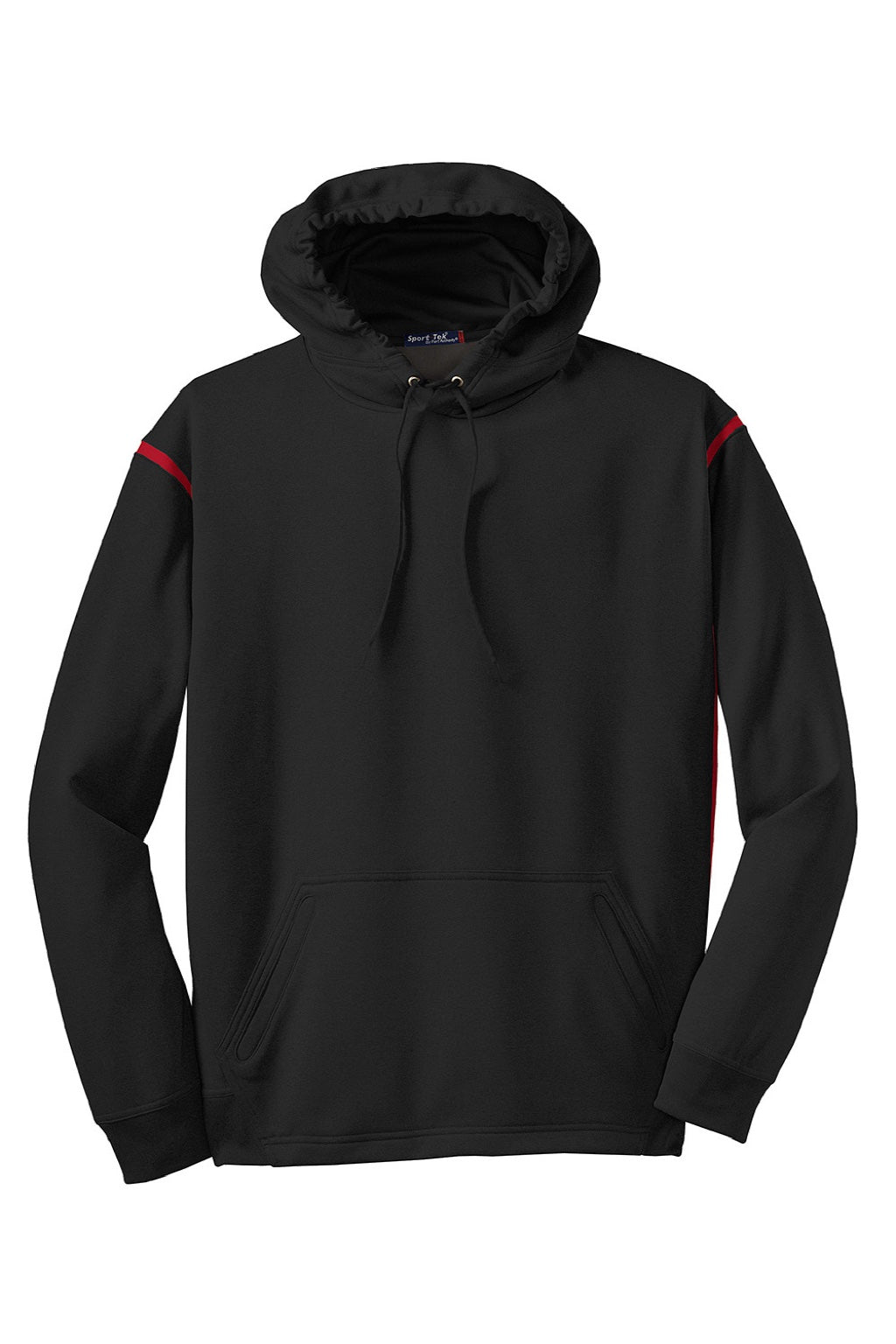 Sport-Tek F246 Mens Tech Moisture Wicking Fleece Hooded Sweatshirt Hoodie w/ Pouch Pocket Black/True Red Flat Front
