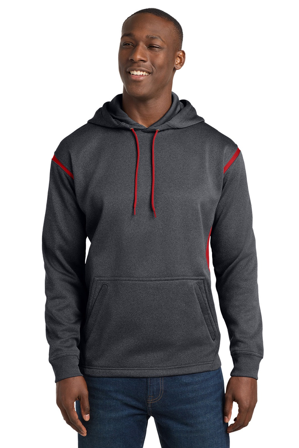Sport-Tek F246 Mens Tech Moisture Wicking Fleece Hooded Sweatshirt Hoodie w/ Pouch Pocket Heather Graphite Grey/True Red Model Front
