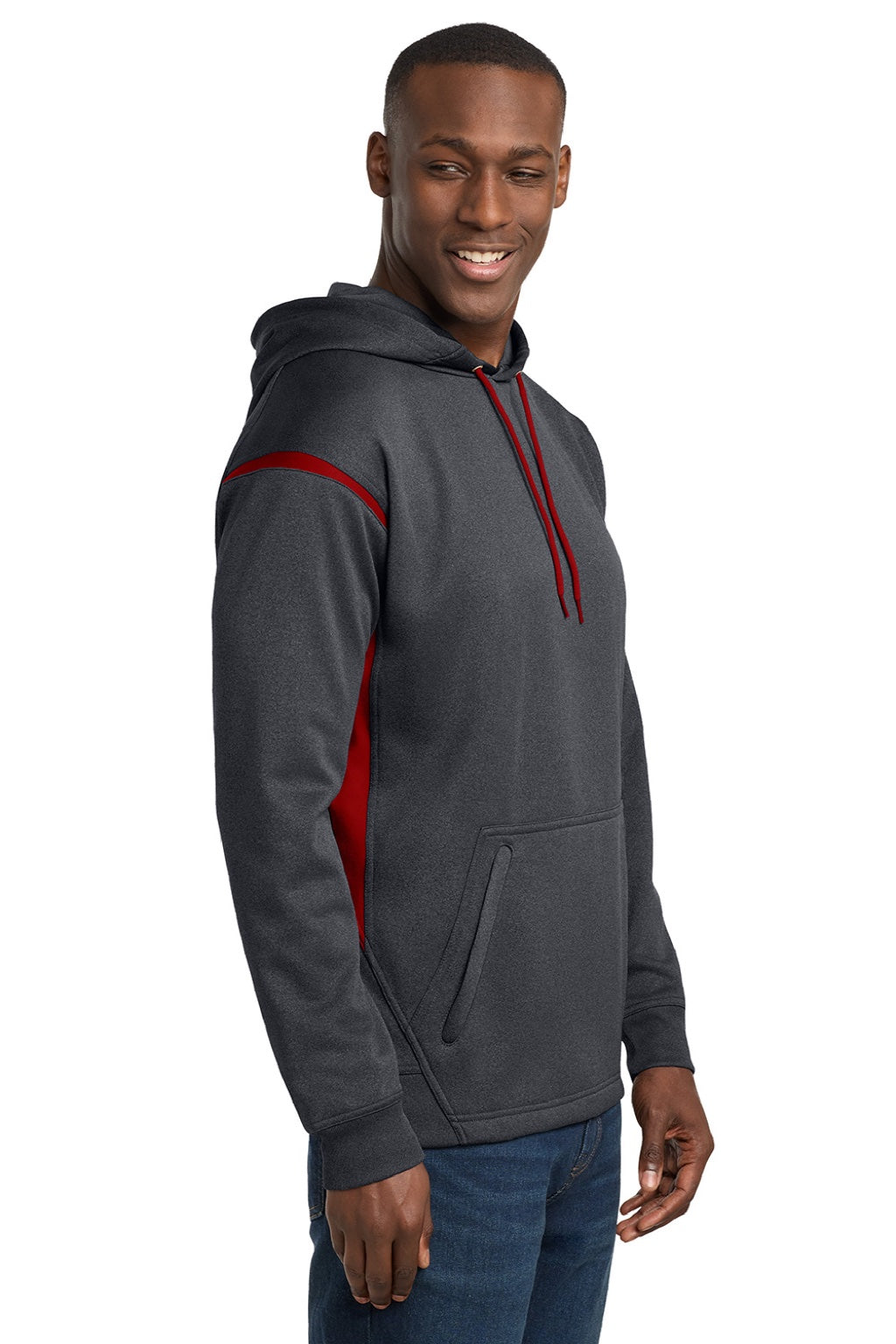 Sport-Tek F246 Mens Tech Moisture Wicking Fleece Hooded Sweatshirt Hoodie w/ Pouch Pocket Heather Graphite Grey/True Red Model Side