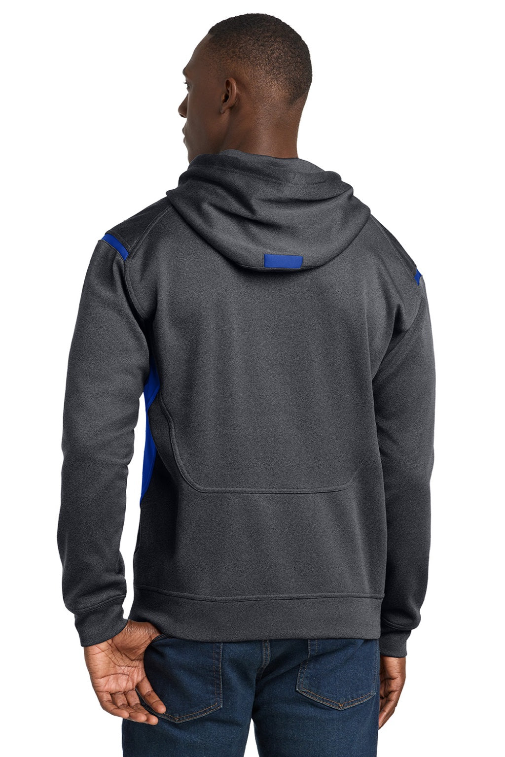 Sport-Tek F246 Mens Tech Moisture Wicking Fleece Hooded Sweatshirt Hoodie w/ Pouch Pocket Heather Graphite Grey/True Royal Blue Model Back
