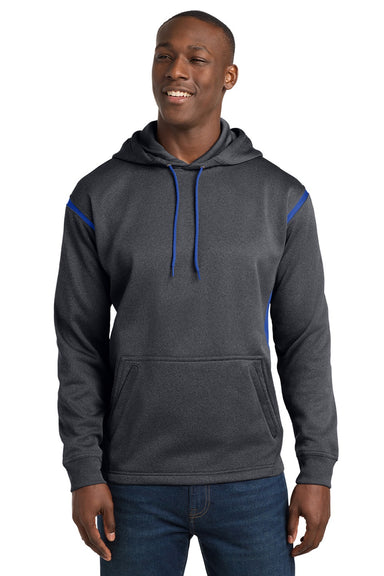 Sport-Tek F246 Mens Tech Moisture Wicking Fleece Hooded Sweatshirt Hoodie w/ Pouch Pocket Heather Graphite Grey/True Royal Blue Model Front