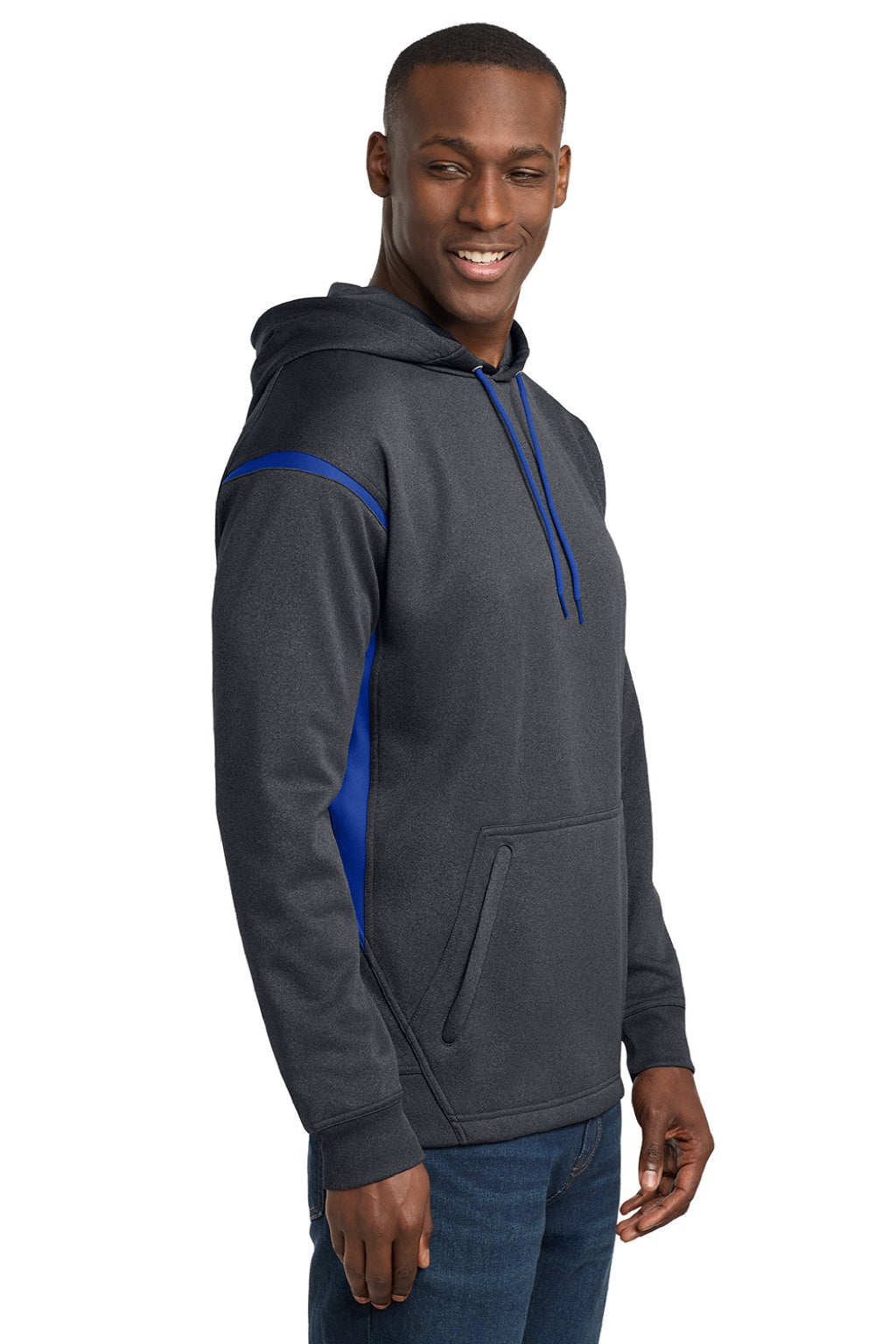 Sport-Tek F246 Mens Tech Moisture Wicking Fleece Hooded Sweatshirt Hoodie w/ Pouch Pocket Heather Graphite Grey/True Royal Blue Model Side