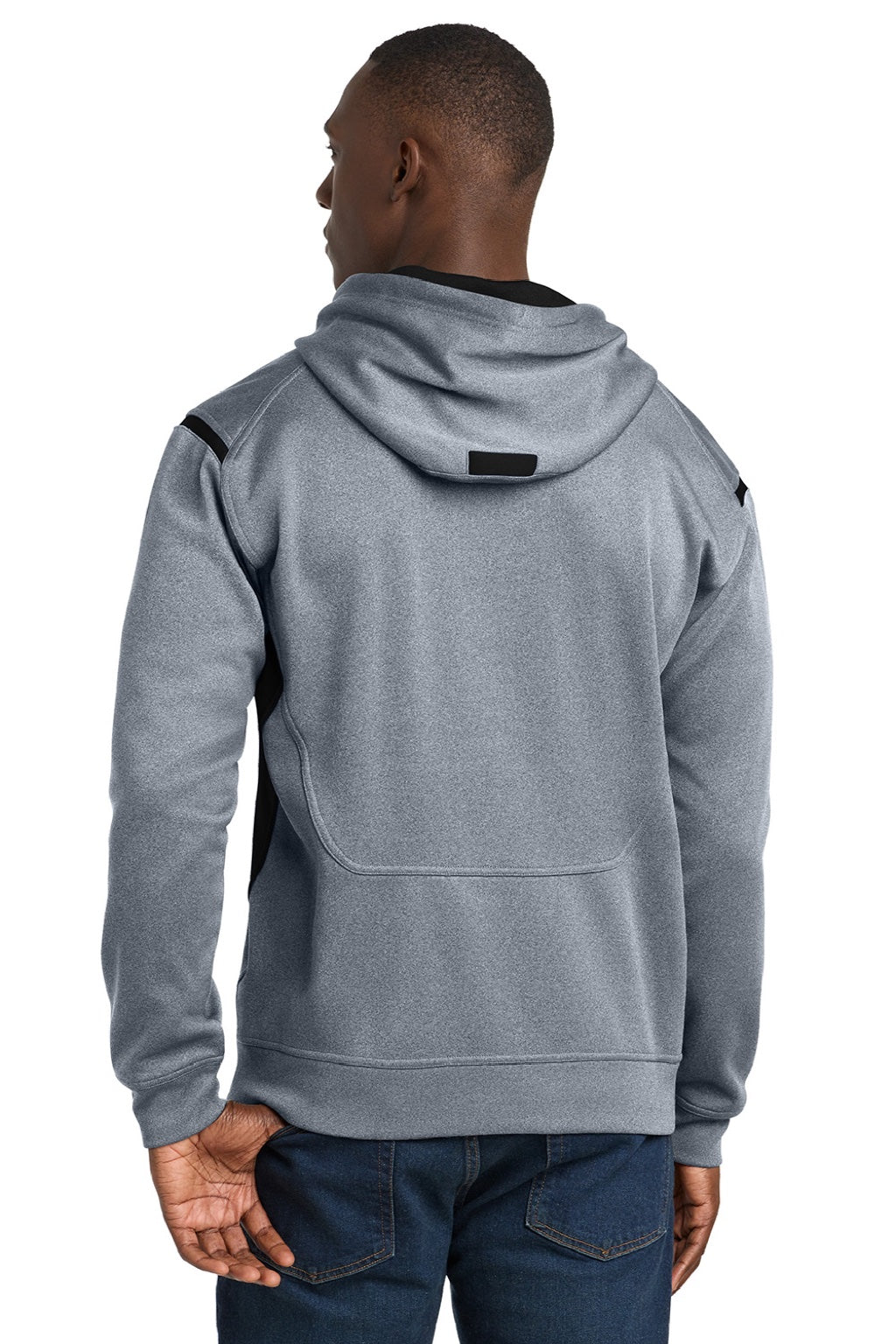 Sport-Tek F246 Mens Tech Moisture Wicking Fleece Hooded Sweatshirt Hoodie w/ Pouch Pocket Heather Grey/Black Model Back