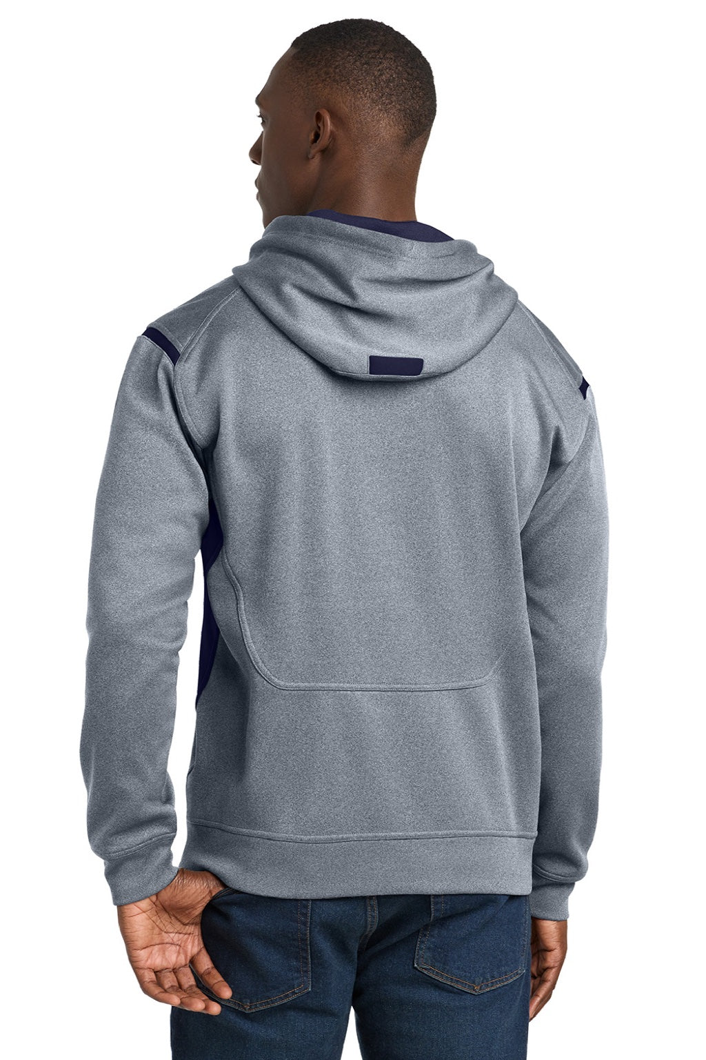 Sport-Tek F246 Mens Tech Moisture Wicking Fleece Hooded Sweatshirt Hoodie w/ Pouch Pocket Heather Grey/True Navy Blue Model Back