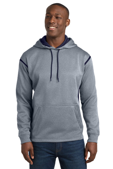 Sport-Tek F246 Mens Tech Moisture Wicking Fleece Hooded Sweatshirt Hoodie w/ Pouch Pocket Heather Grey/True Navy Blue Model Front