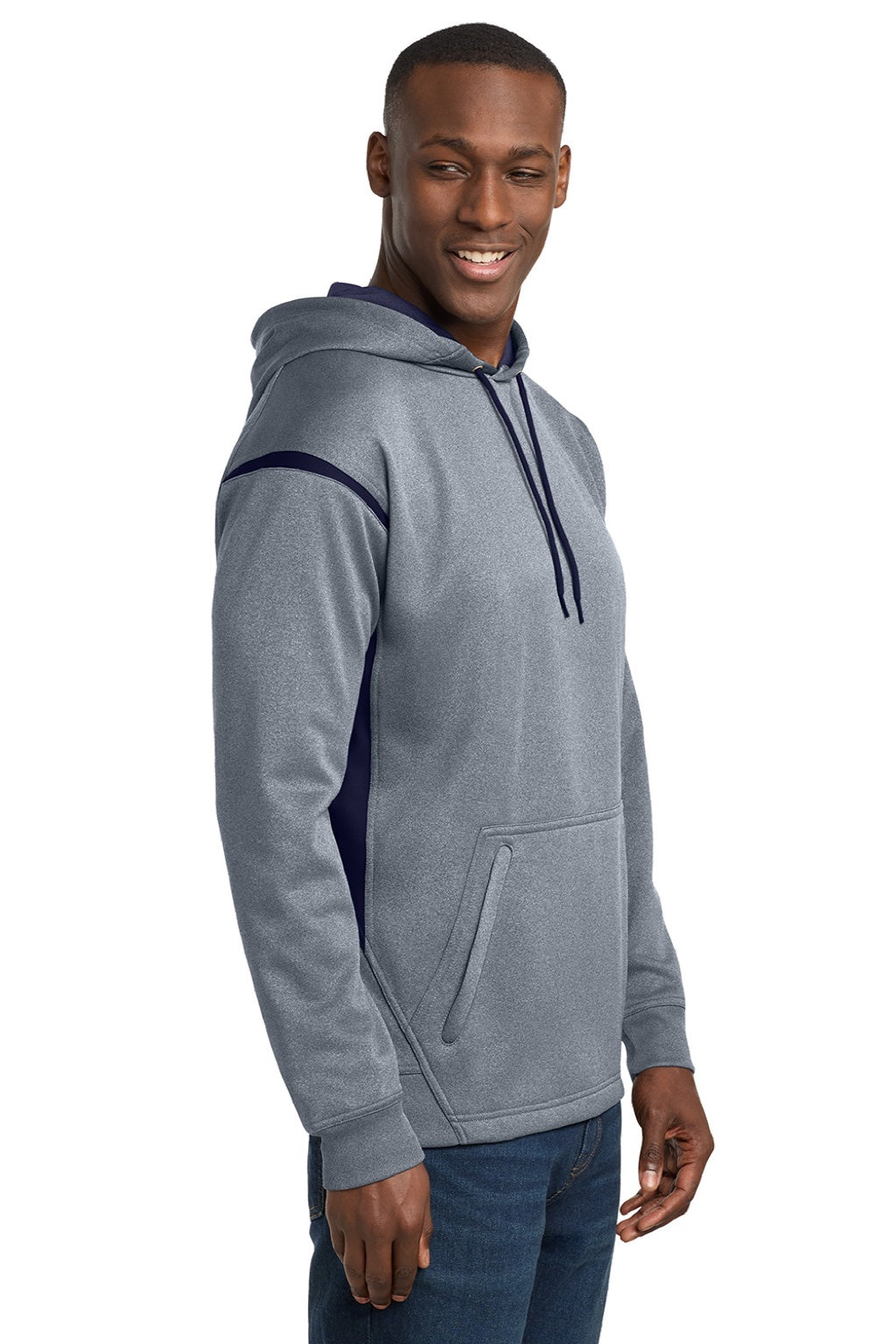 Sport-Tek F246 Mens Tech Moisture Wicking Fleece Hooded Sweatshirt Hoodie w/ Pouch Pocket Heather Grey/True Navy Blue Model Side
