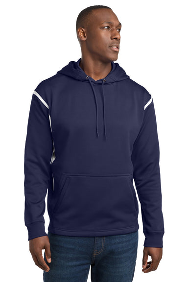 Sport-Tek F246 Mens Tech Moisture Wicking Fleece Hooded Sweatshirt Hoodie w/ Pouch Pocket True Navy Blue/White Model Front