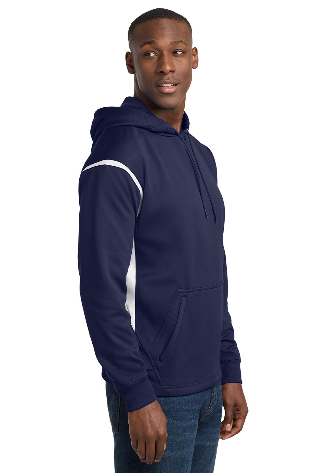 Sport-Tek F246 Mens Tech Moisture Wicking Fleece Hooded Sweatshirt Hoodie w/ Pouch Pocket True Navy Blue/White Model Side