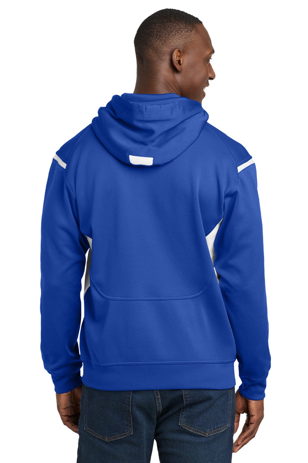 Sport-Tek F246 Mens Tech Moisture Wicking Fleece Hooded Sweatshirt Hoodie w/ Pouch Pocket True Royal Blue/White Model Back