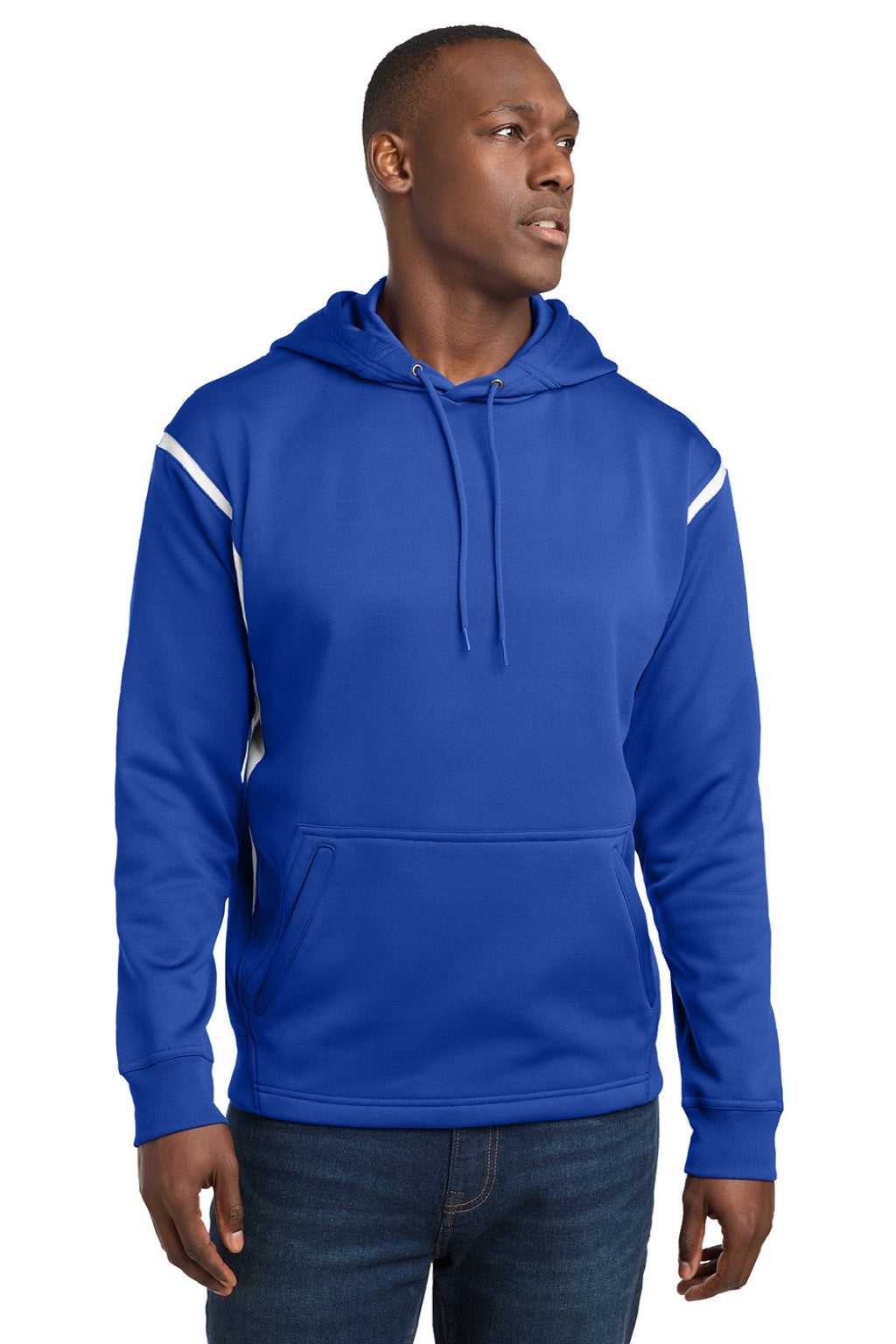 Sport-Tek F246 Mens Tech Moisture Wicking Fleece Hooded Sweatshirt Hoodie w/ Pouch Pocket True Royal Blue/White Model Front
