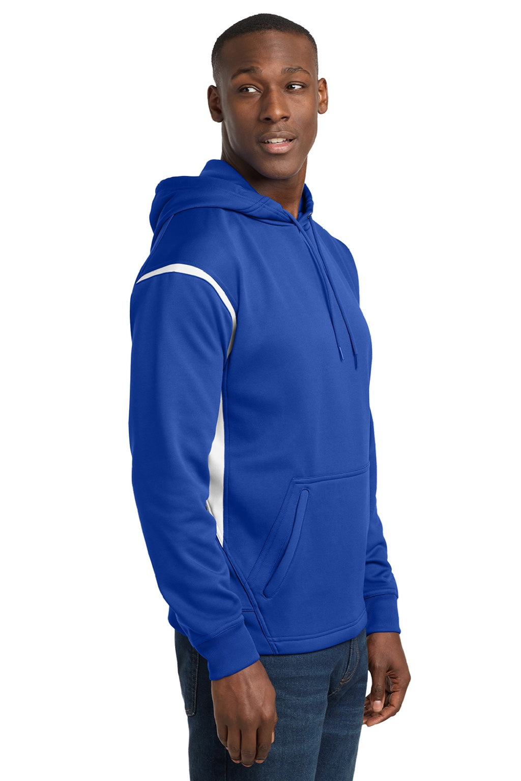 Sport-Tek F246 Mens Tech Moisture Wicking Fleece Hooded Sweatshirt Hoodie w/ Pouch Pocket True Royal Blue/White Model Side