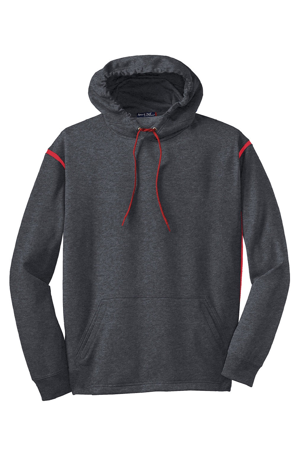 Sport-Tek F246 Mens Tech Moisture Wicking Fleece Hooded Sweatshirt Hoodie w/ Pouch Pocket Heather Graphite Grey/True Red Flat Front