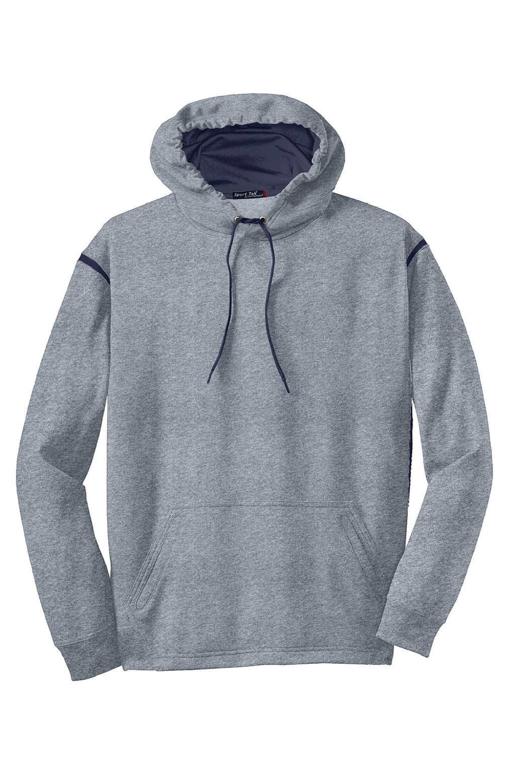 Sport-Tek F246 Mens Tech Moisture Wicking Fleece Hooded Sweatshirt Hoodie w/ Pouch Pocket Heather Grey/True Navy Blue Flat Front