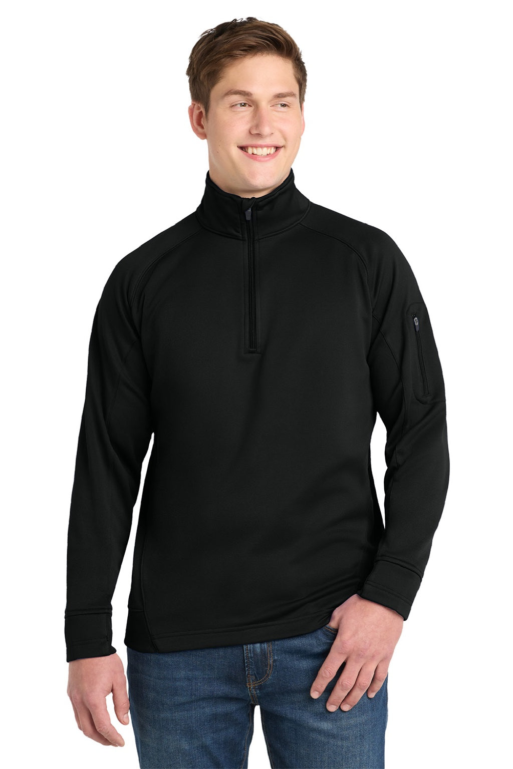 Sport-Tek F247 Mens Tech Moisture Wicking Fleece 1/4 Zip Sweatshirt w/ Pocket Black Model Front