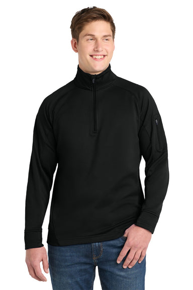Sport-Tek F247 Mens Tech Moisture Wicking Fleece 1/4 Zip Sweatshirt w/ Pocket Black Model Front