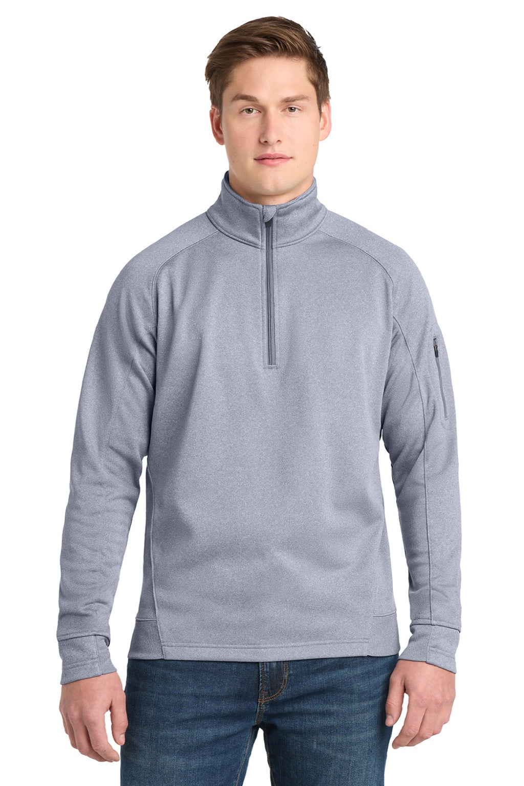 Sport-Tek F247 Mens Tech Moisture Wicking Fleece 1/4 Zip Sweatshirt w/ Pocket Heather Grey Model Front
