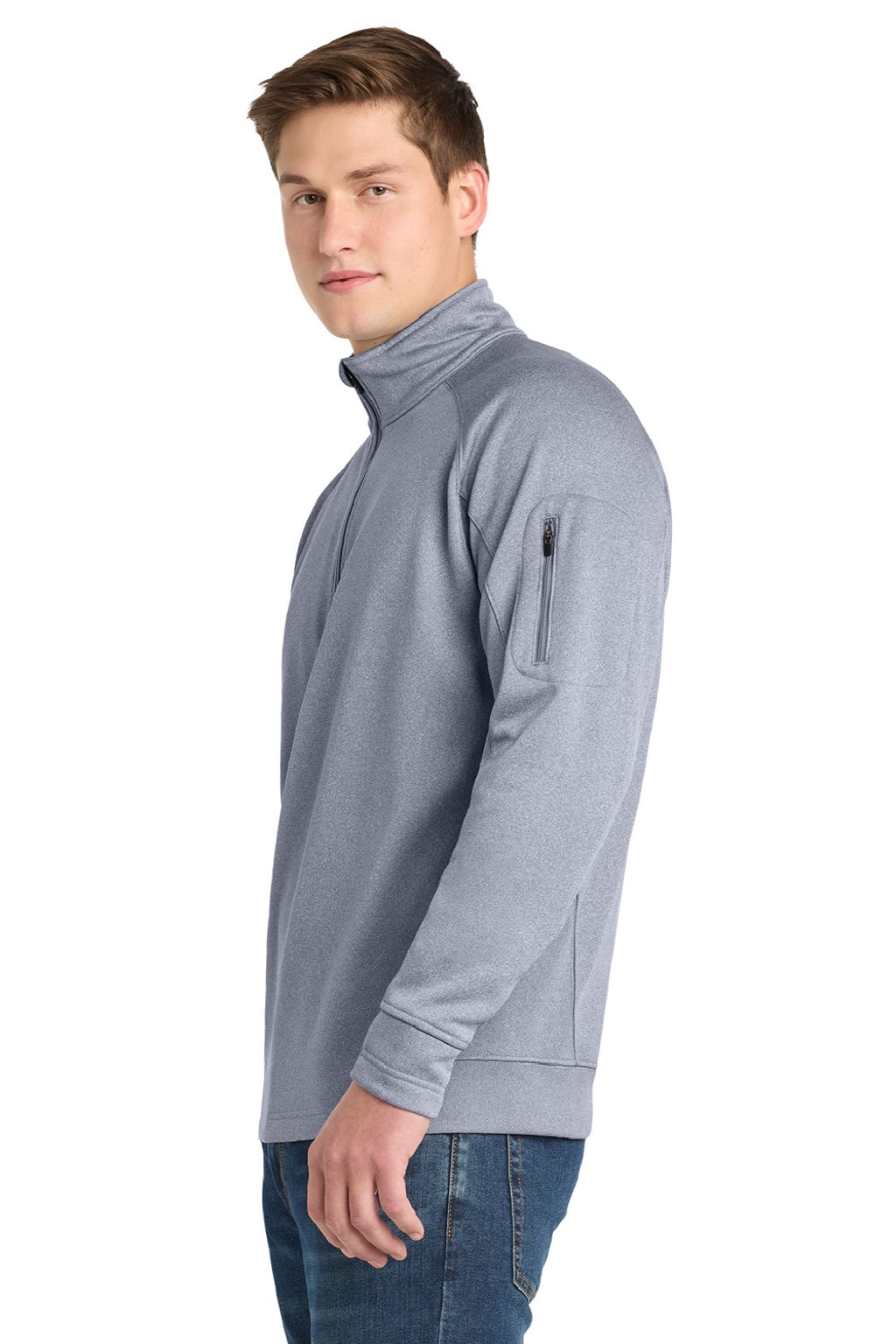 Sport-Tek F247 Mens Tech Moisture Wicking Fleece 1/4 Zip Sweatshirt w/ Pocket Heather Grey Model Side