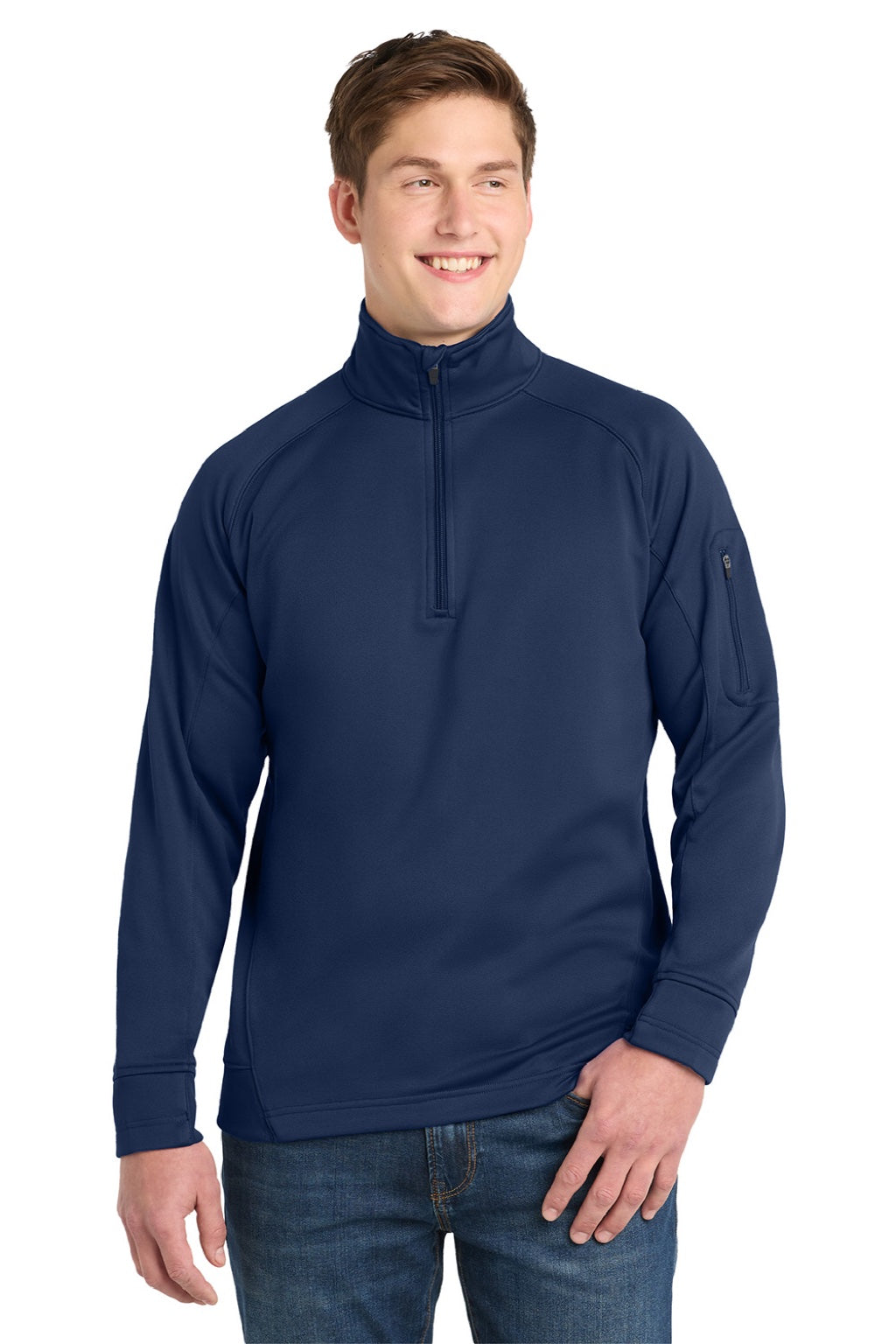 Sport-Tek F247 Mens Tech Moisture Wicking Fleece 1/4 Zip Sweatshirt w/ Pocket True Navy Blue Model Front