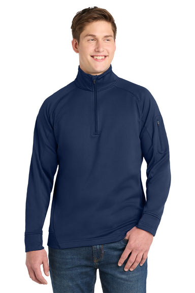 Sport-Tek F247 Mens Tech Moisture Wicking Fleece 1/4 Zip Sweatshirt w/ Pocket True Navy Blue Model Front