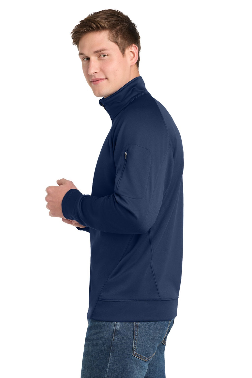 Sport-Tek F247 Mens Tech Moisture Wicking Fleece 1/4 Zip Sweatshirt w/ Pocket True Navy Blue Model Side