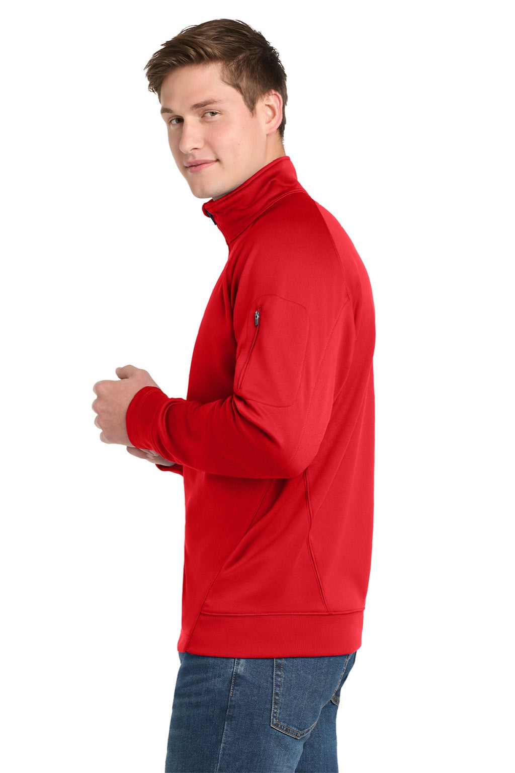 Sport-Tek F247 Mens Tech Moisture Wicking Fleece 1/4 Zip Sweatshirt w/ Pocket True Red Model Side