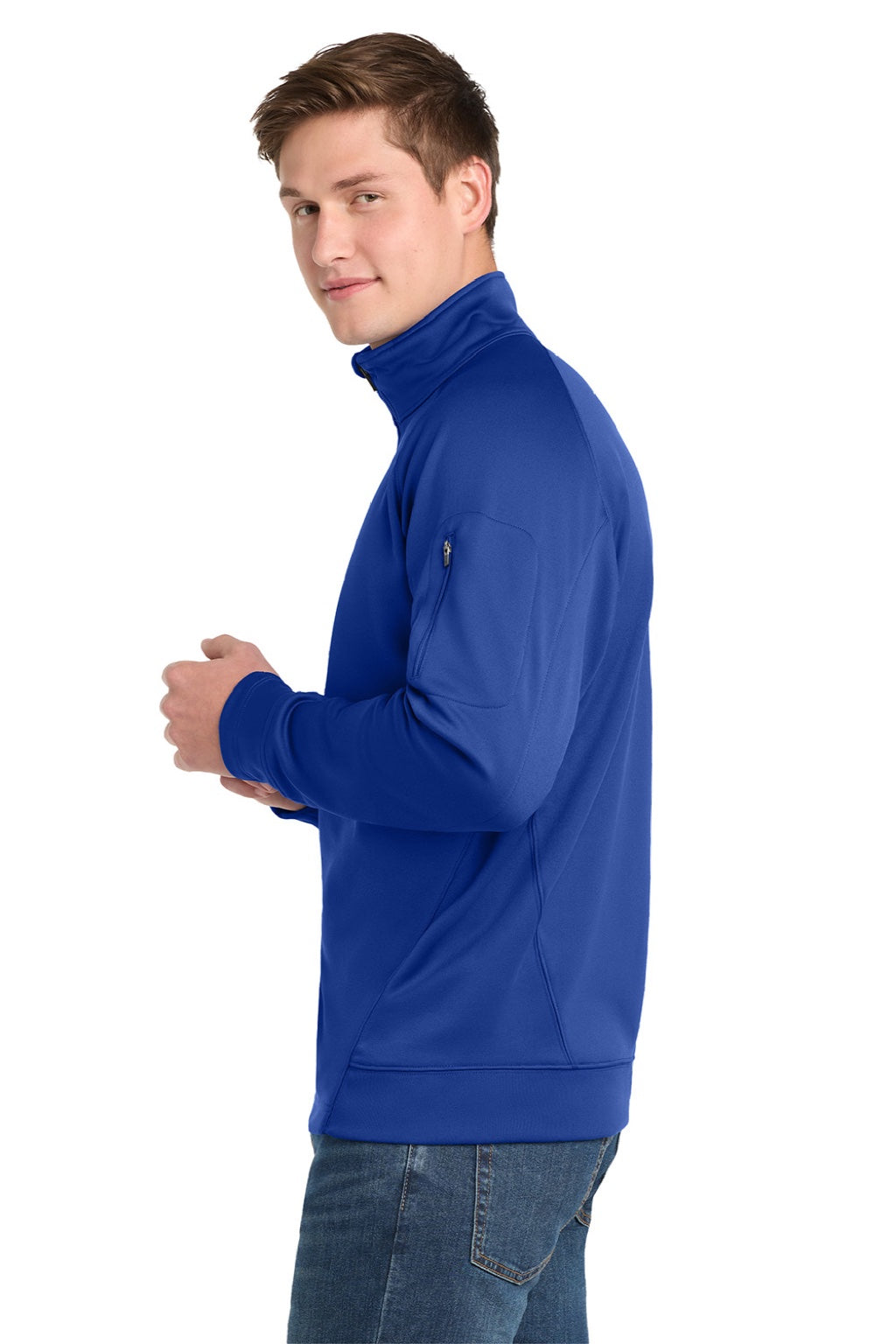 Sport-Tek F247 Mens Tech Moisture Wicking Fleece 1/4 Zip Sweatshirt w/ Pocket True Royal Blue Model Side