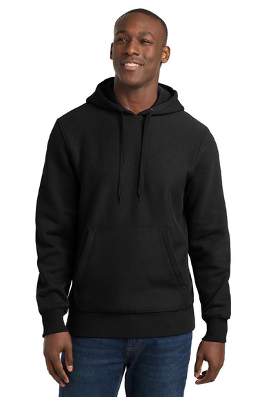 Sport-Tek F281 Mens Fleece Hooded Sweatshirt Hoodie w/ Pouch Pocket Black Model Front
