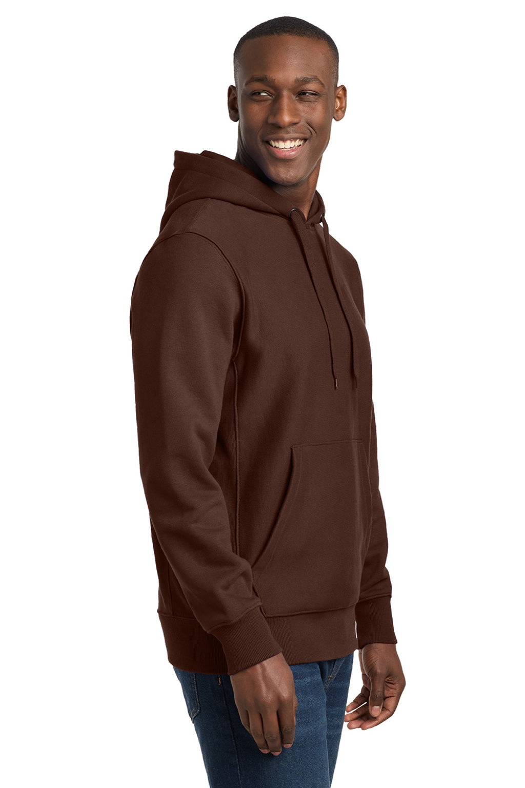Sport-Tek F281 Mens Fleece Hooded Sweatshirt Hoodie w/ Pouch Pocket Brown Model Side