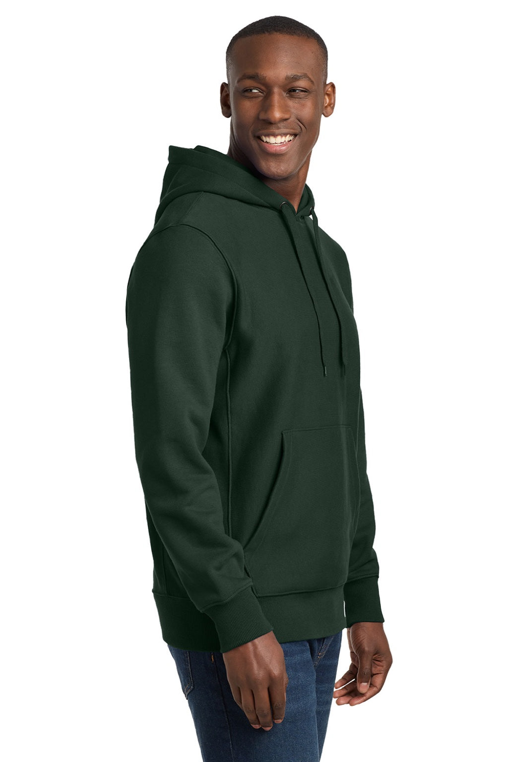 Sport-Tek F281 Mens Fleece Hooded Sweatshirt Hoodie w/ Pouch Pocket Dark Green Model Side