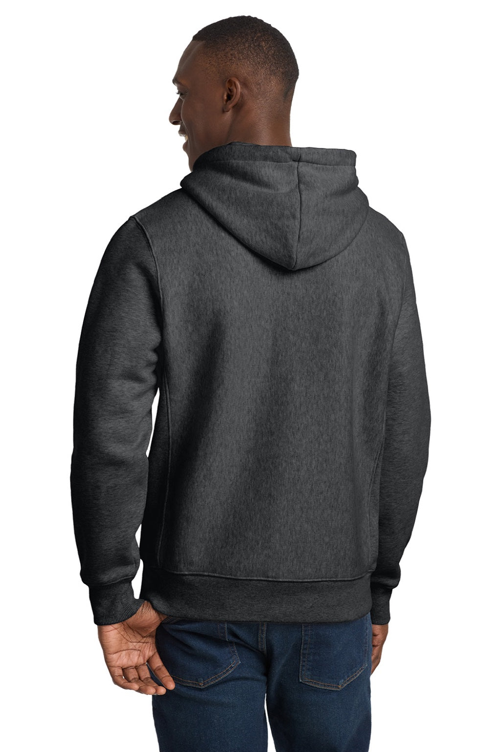 Sport-Tek F281 Mens Fleece Hooded Sweatshirt Hoodie w/ Pouch Pocket Heather Graphite Grey Model Back