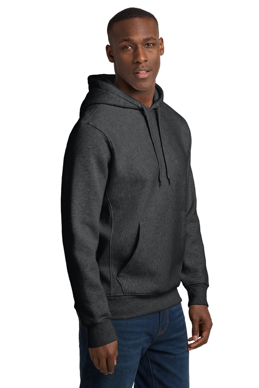 Sport-Tek F281 Mens Fleece Hooded Sweatshirt Hoodie w/ Pouch Pocket Heather Graphite Grey Model Side