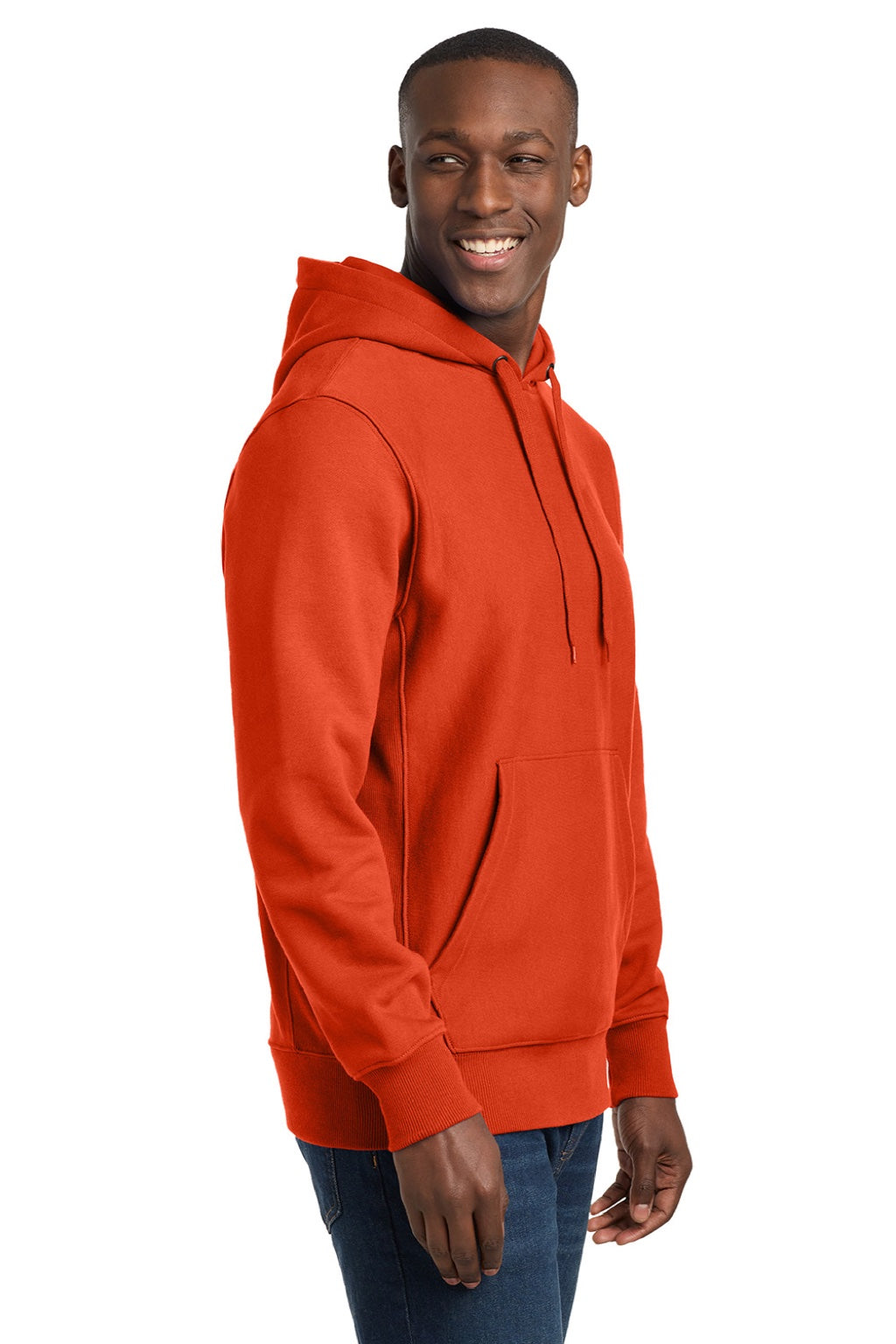 Sport-Tek F281 Mens Fleece Hooded Sweatshirt Hoodie w/ Pouch Pocket Orange Model Side