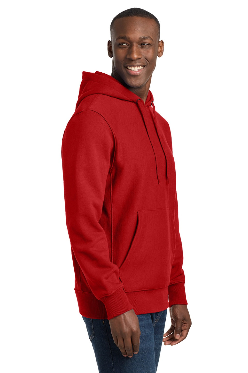 Sport-Tek F281 Mens Fleece Hooded Sweatshirt Hoodie w/ Pouch Pocket Red Model Side