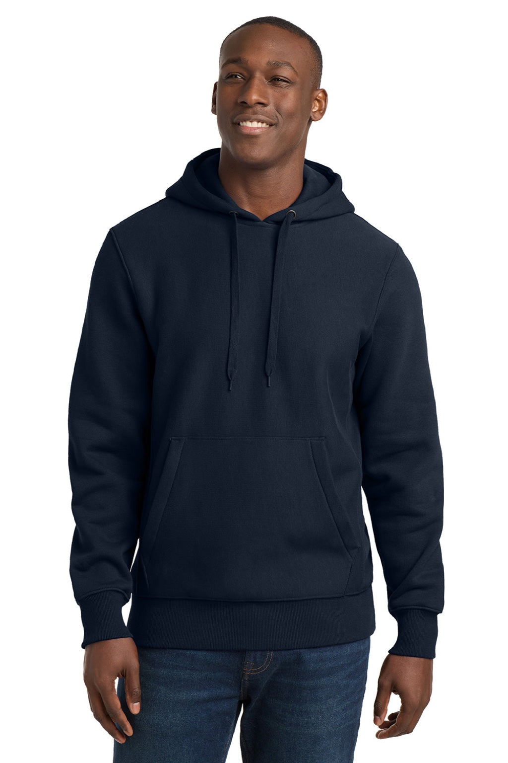 Sport-Tek F281 Mens Fleece Hooded Sweatshirt Hoodie w/ Pouch Pocket True Navy Blue Model Front